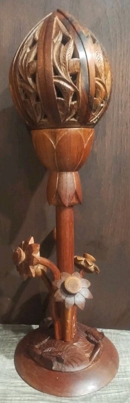 Vintage Articulated Hand Carved Wood Blossoming Lotus Flower MCM Decor 16"